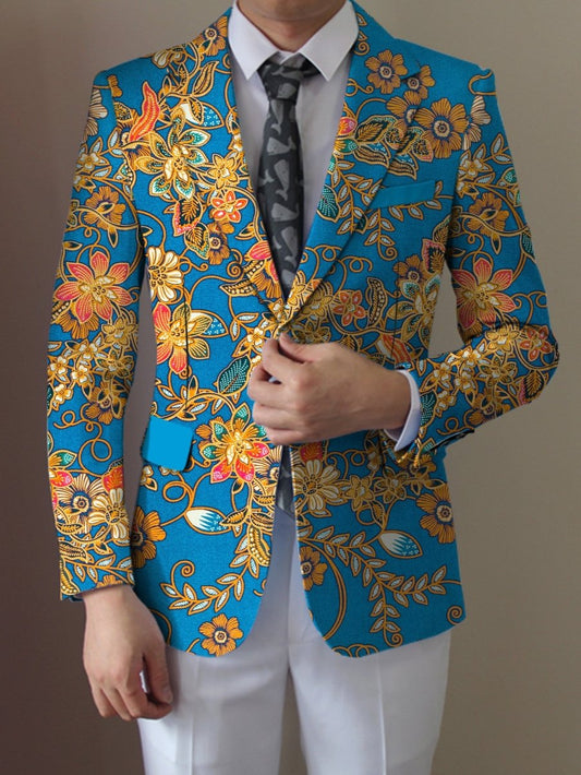 1pc Men's Floral Print Blazer, Casual Polyester Suit Jacket with Lapel Collar, All - Season Regular Fit Woven Fabric, Button Detail - 95% Polyester 5% Elastane, Pattern - SHOWLU FASHION STORE