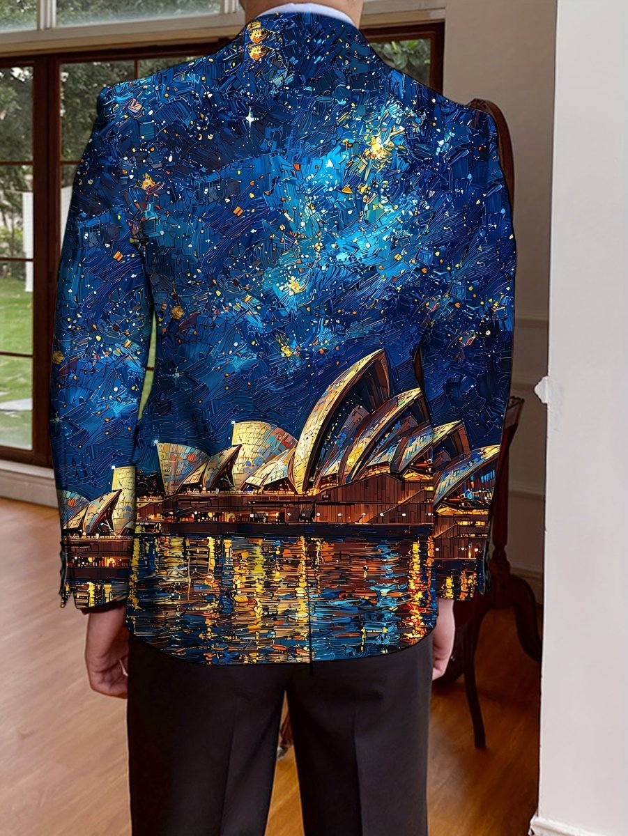 Full print men's polyester blazer by SHOWLU FASHION STORE, regular fit, notch lapel, long sleeves, single-breasted design.