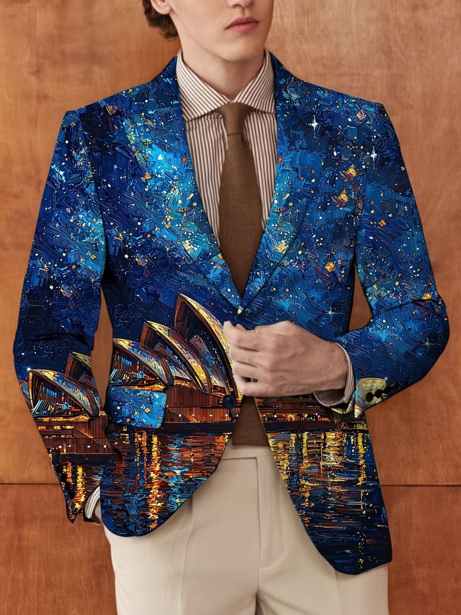 Full print men's polyester blazer by SHOWLU with notch lapel, button details, regular fit, long sleeves, suitable for casual or formal wear.