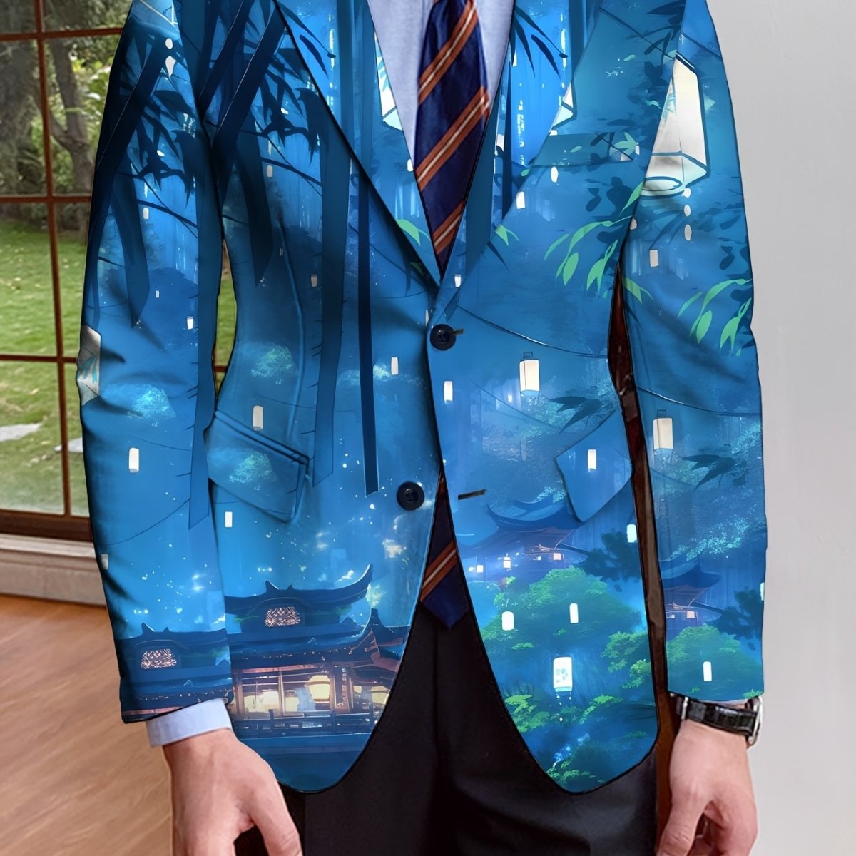 SHOWLU men's full print polyester blazer with notch lapel, button details, long sleeves, regular fit, suitable for casual or formal wear.