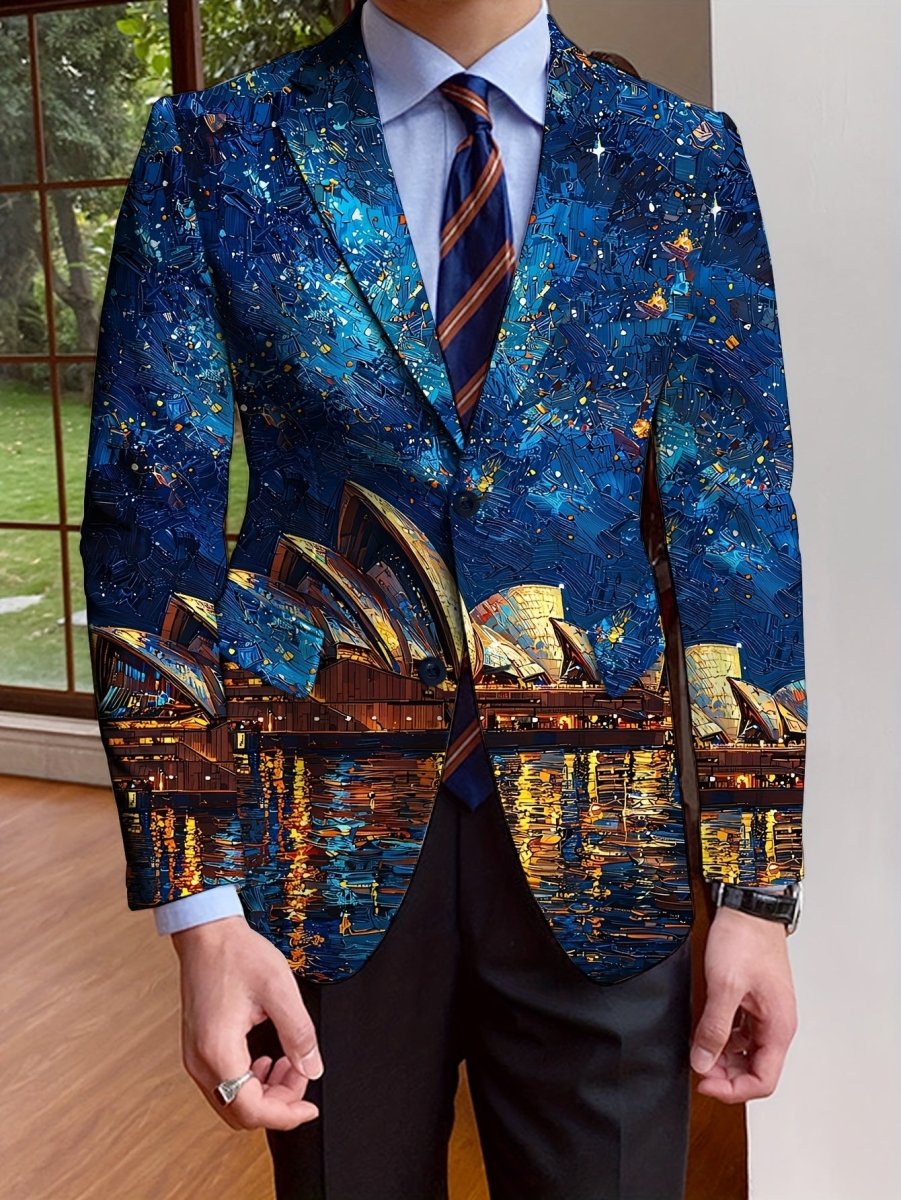 SHOWLU men's full print polyester blazer with notch lapel, long sleeves, button details, regular fit, suitable for casual or formal wear