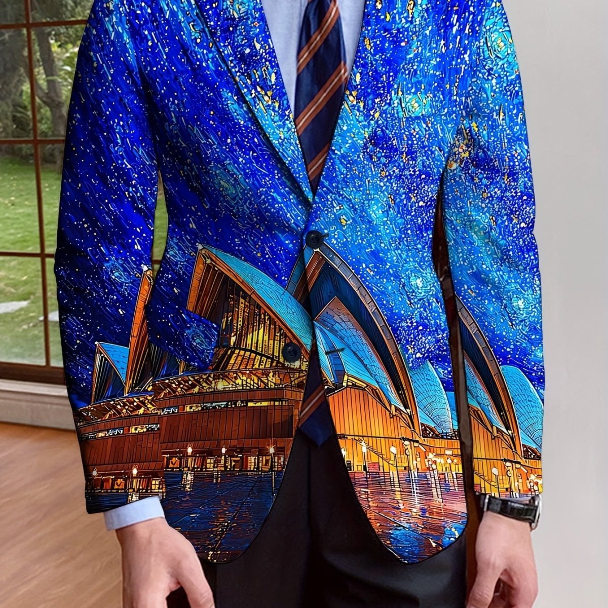Men's full print polyester blazer with notch lapel, button details, regular fit, long sleeves, suitable for casual or formal wear.