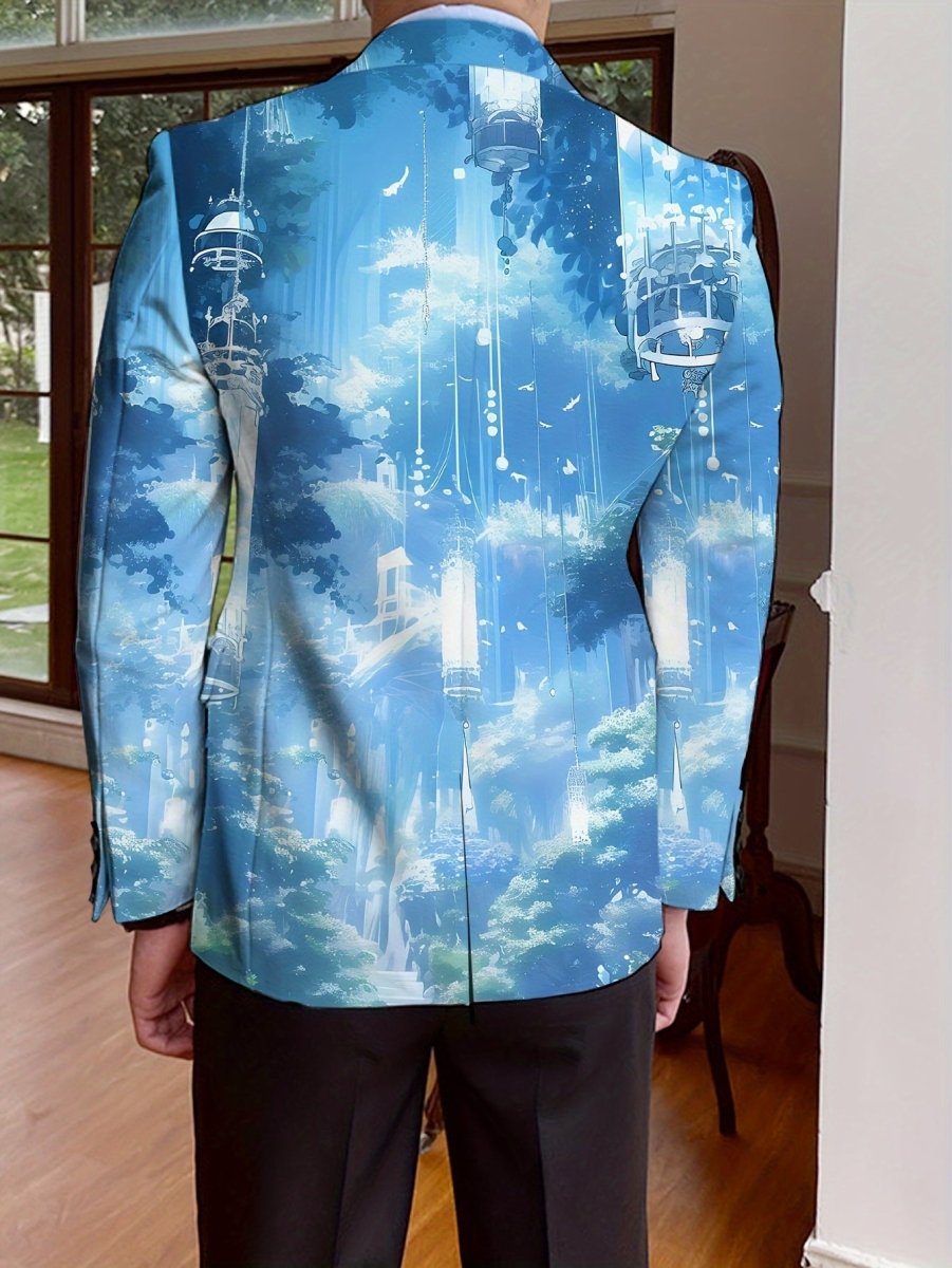 Men's full print polyester blazer with notch lapel, button details, long sleeves, regular fit, suitable for casual or formal wear.