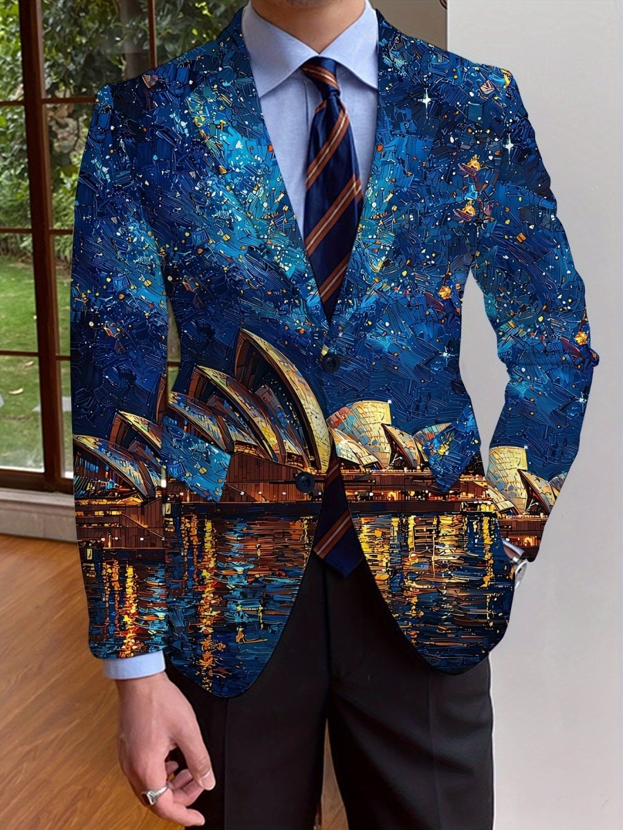 SHOWLU men's full print polyester blazer with notch lapel, button details, long sleeves, regular fit, suitable for casual or formal wear.