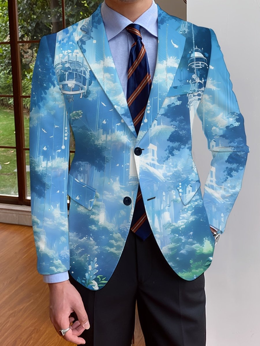 Men's full print polyester blazer with notch lapel, button details, long sleeves, regular fit, suitable for casual or formal wear.