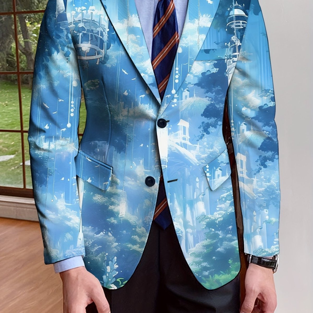 SHOWLU men's full print polyester blazer with notch lapel, button details, long sleeves, regular fit, suitable for casual or formal wear.