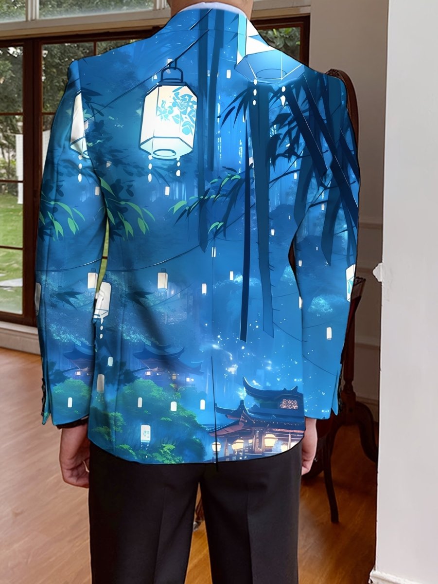 SHOWLU men's full print polyester blazer with notch lapel, single-breasted design, long sleeves, casual to formal wear.