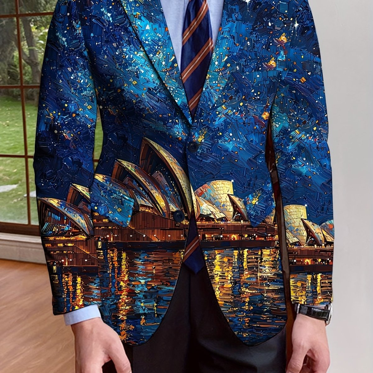 SHOWLU men's full print polyester blazer with notch lapel, long sleeves, single-breasted design, casual and formal wear.