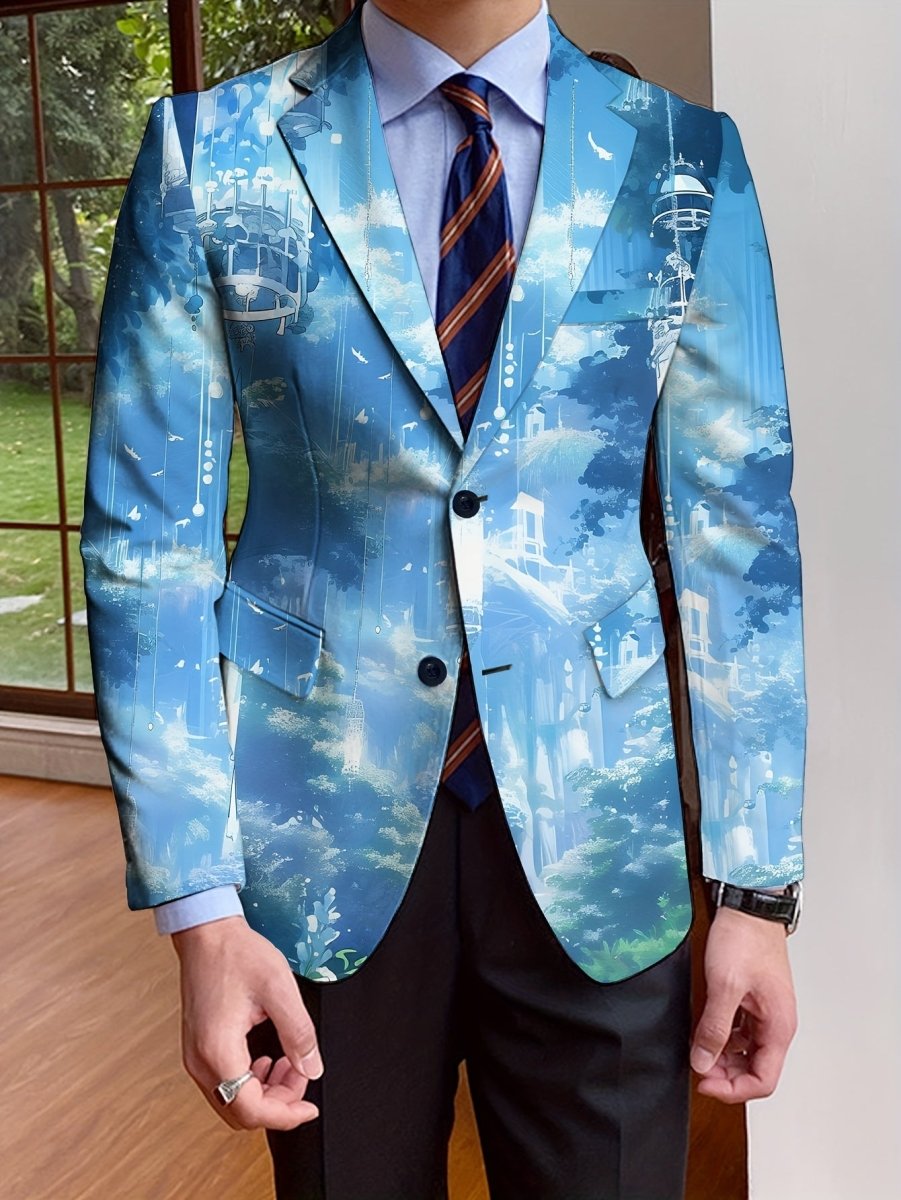 SHOWLU men's full print polyester blazer with notch lapel, single-breasted design, long sleeves, casual to formal wear.