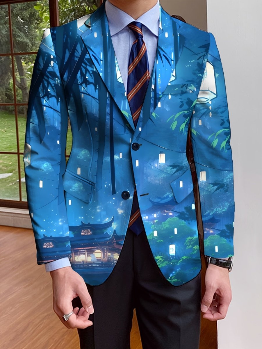 Men's full print polyester blazer with notch lapel, button details, regular fit, long sleeves, suitable for casual or formal wear.