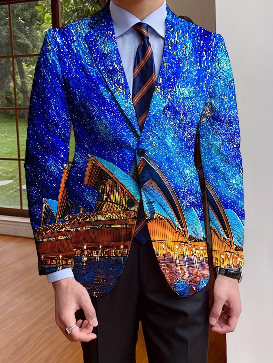 SHOWLU Men's full print polyester blazer with notch lapel, long sleeves, single-breasted design, casual to formal wear.