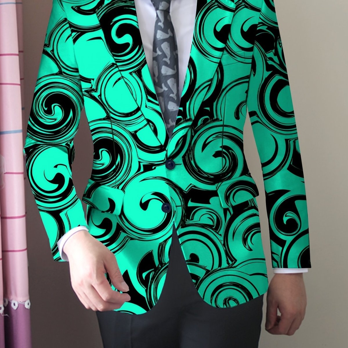 Men's geometric pattern blazer by SHOWLU FASHION STORE, slim fit polyester suit jacket with notched lapel and button details.
