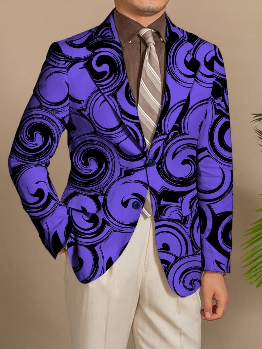 Men’s geometric pattern blazer by SHOWLU, slim fit polyester suit jacket with notched lapel and button details, suitable for all seasons.