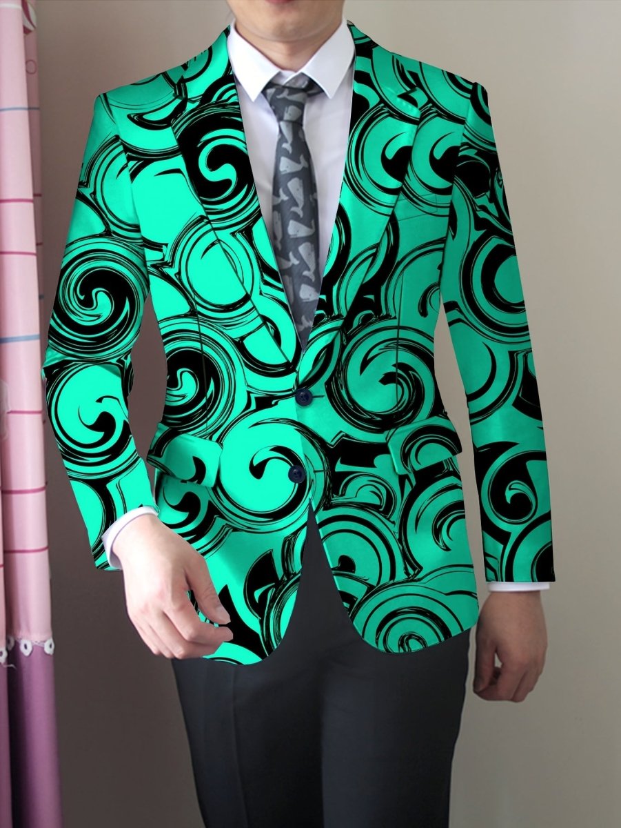 Men's geometric pattern blazer by SHOWLU FASHION STORE, slim fit polyester suit jacket with notched lapel and button details.