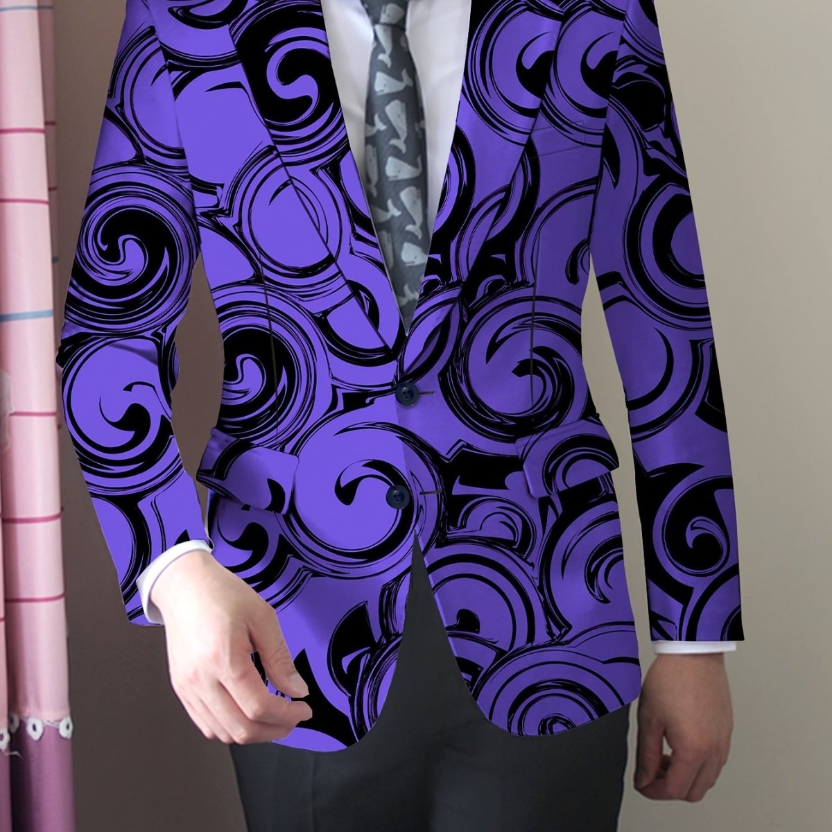 Men's slim fit blazer with geometric pattern, polyester suit jacket by SHOWLU FASHION STORE, featuring notched lapel and button details.