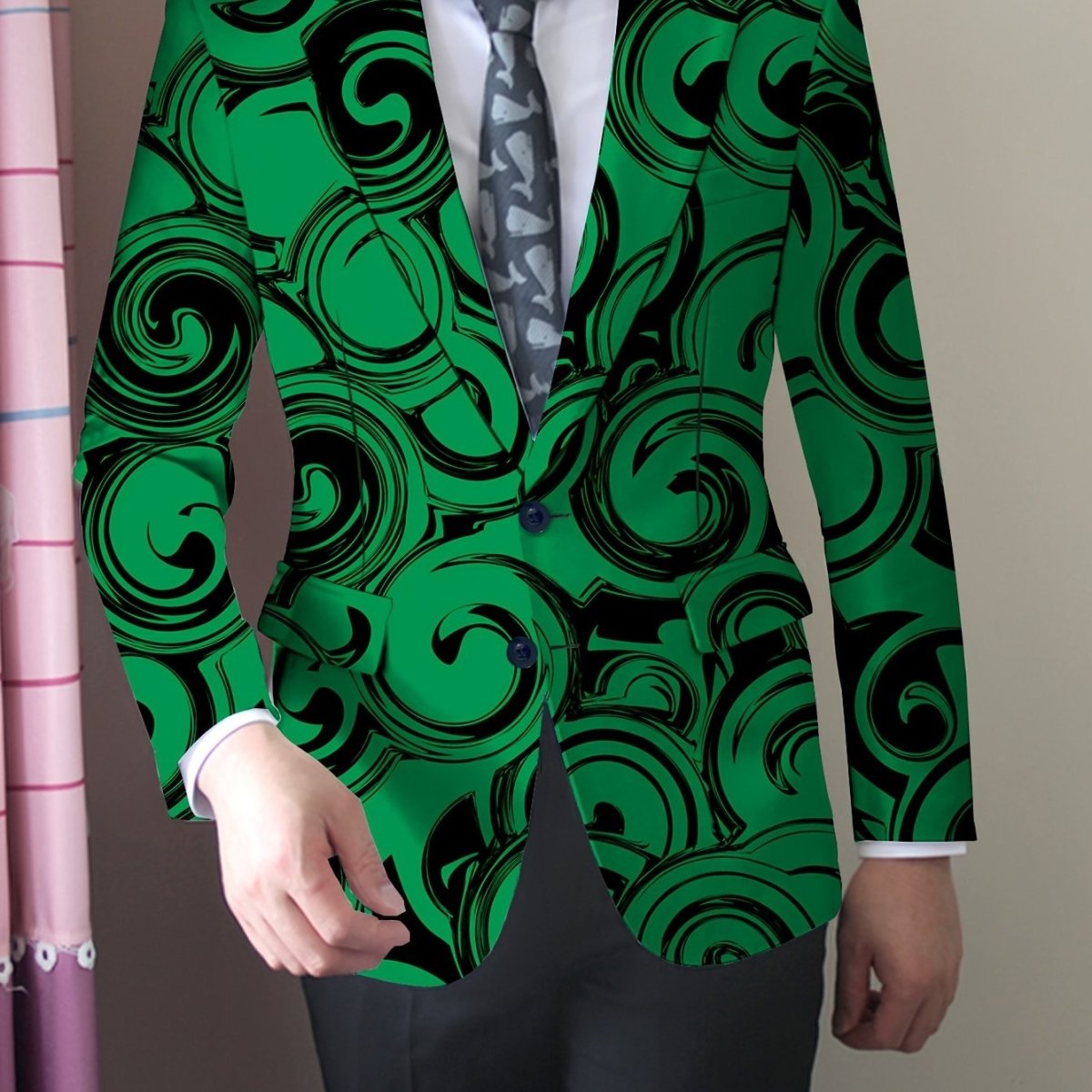 SHOWLU Men's geometric pattern blazer with slim fit, polyester suit jacket featuring notched lapel and button detail, suitable for all seasons.