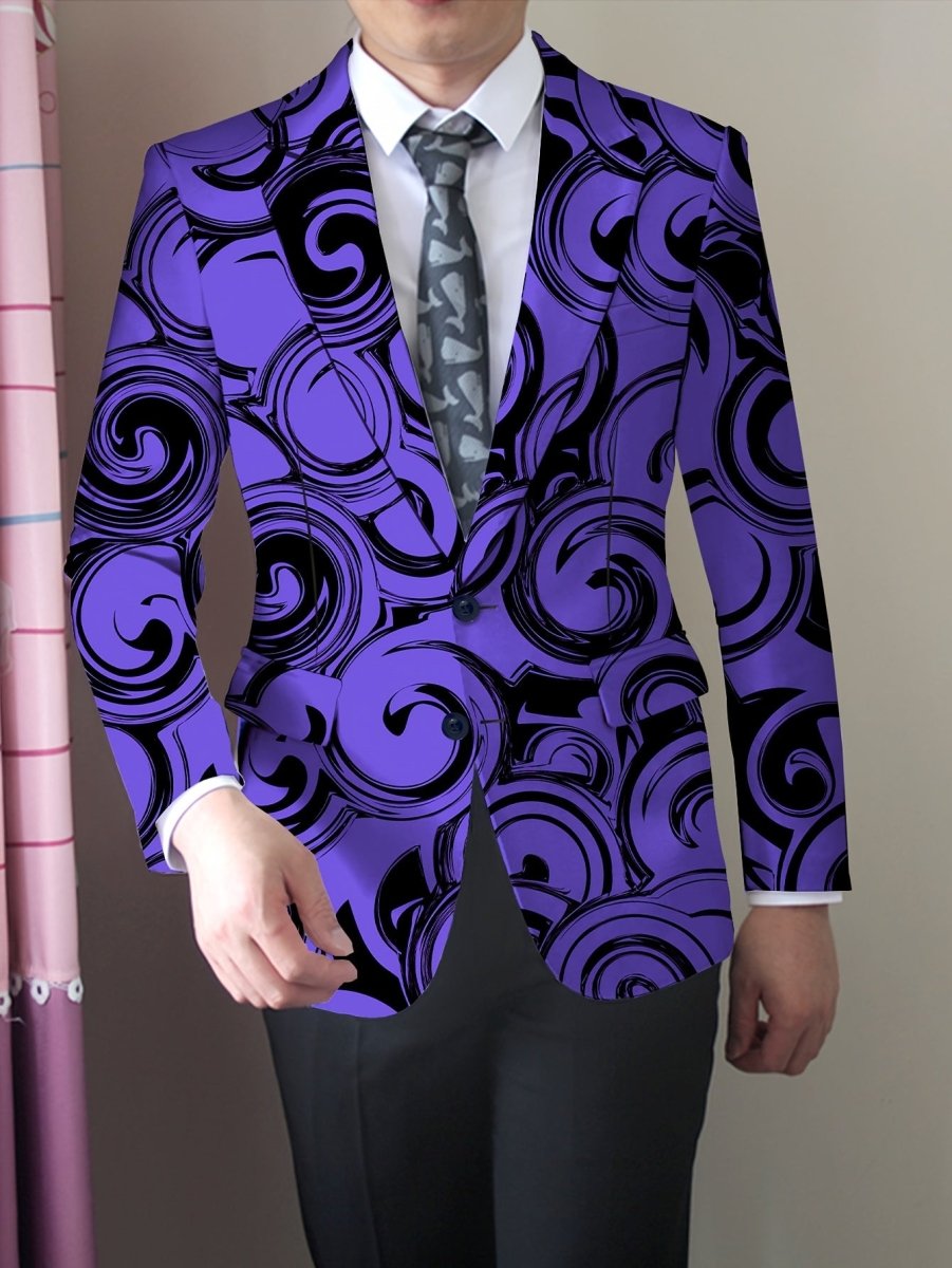 Men's geometric pattern blazer by SHOWLU FASHION STORE, slim fit polyester suit jacket with notched lapel and button detail.