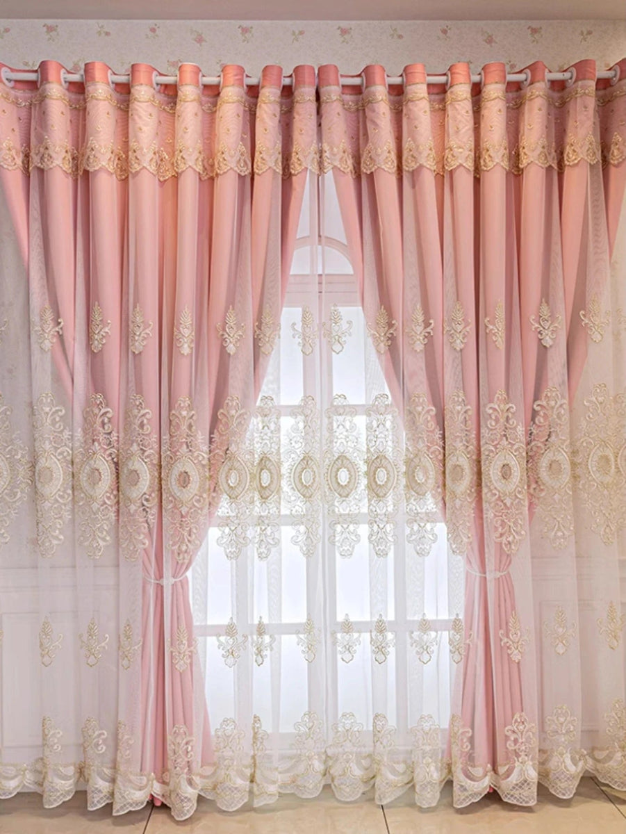 1pc Pink Double Layer Embroidery Curtain with Blackout Window Drapes Curtains for Bedroom Living room Sliding Door Home Decor - SHOWLU FASHION STORE