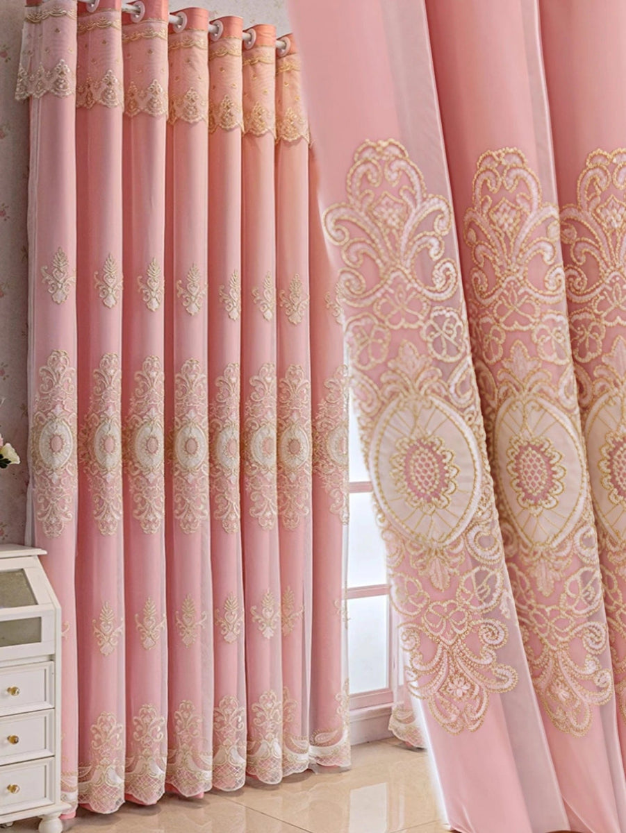 1pc Pink Double Layer Embroidery Curtain with Blackout Window Drapes Curtains for Bedroom Living room Sliding Door Home Decor - SHOWLU FASHION STORE