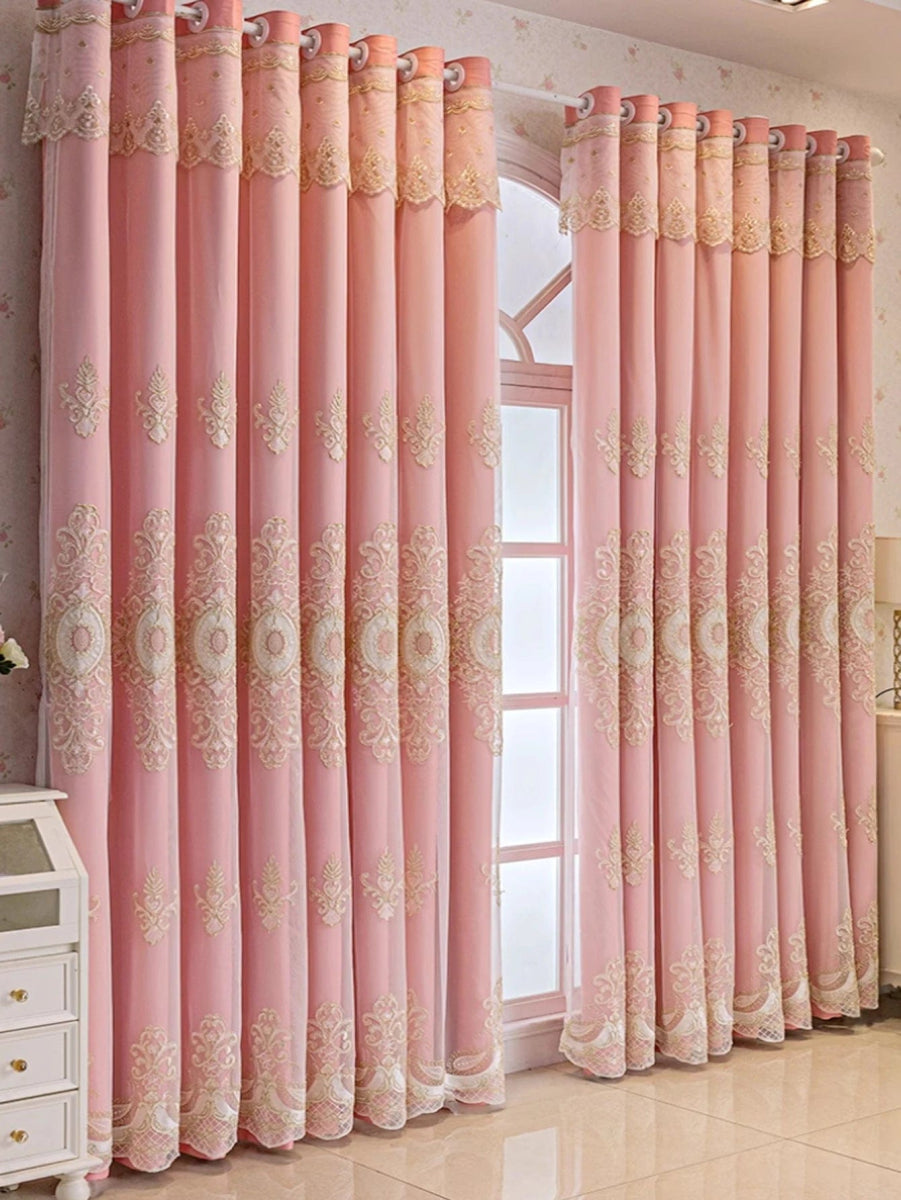 1pc Pink Double Layer Embroidery Curtain with Blackout Window Drapes Curtains for Bedroom Living room Sliding Door Home Decor - SHOWLU FASHION STORE