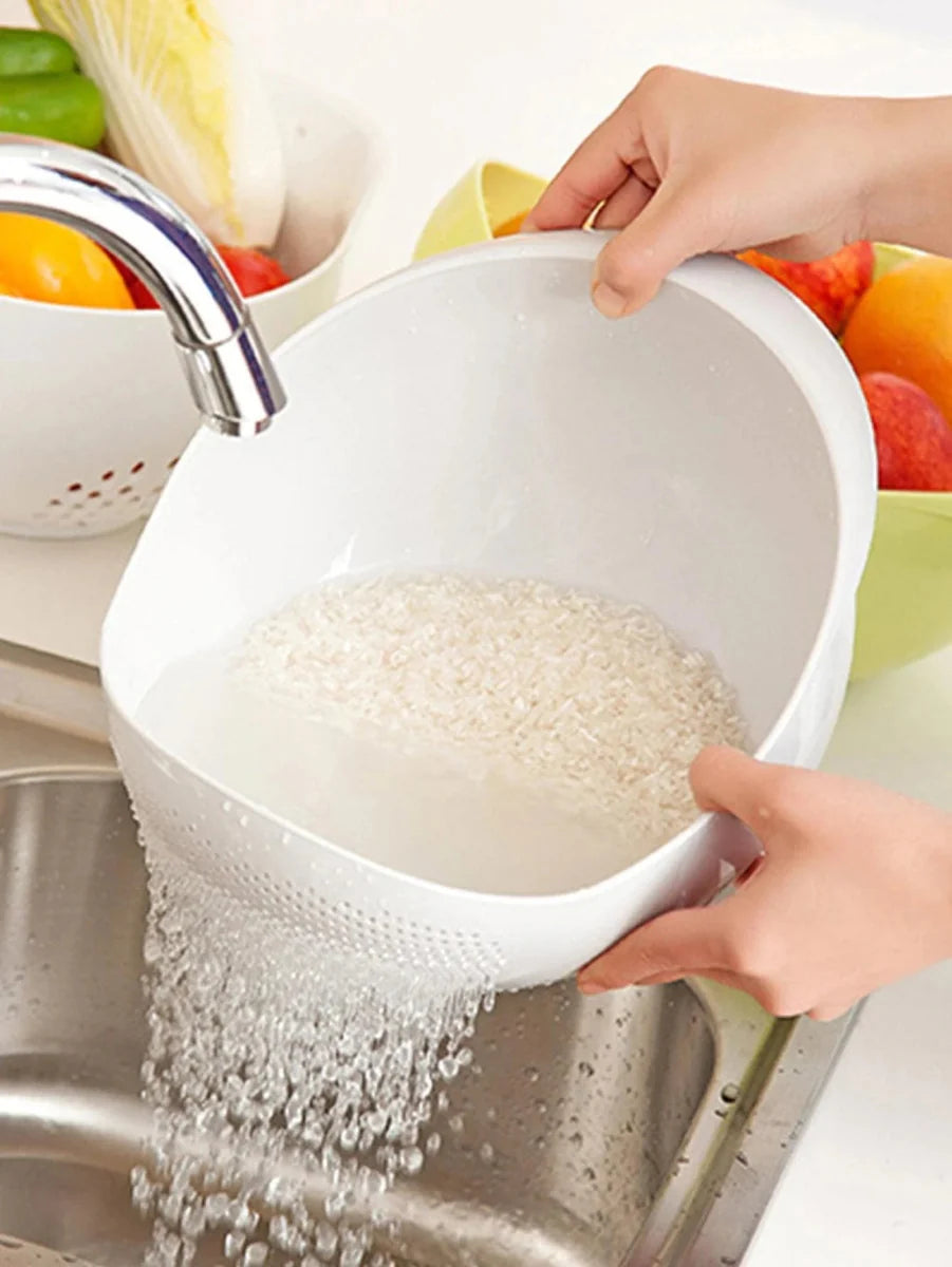 Showlu Silicone Rice Drain Basket with handle, flexible colander for washing fruits and draining rice, kitchen home organizer.