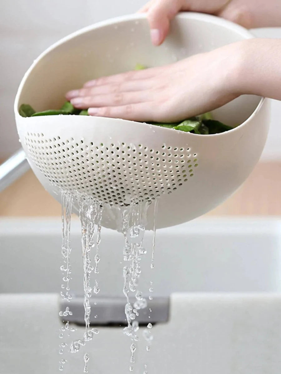 Silicone rice drain basket with handle, versatile kitchen colander for washing fruits, vegetables, and draining rice or pasta.