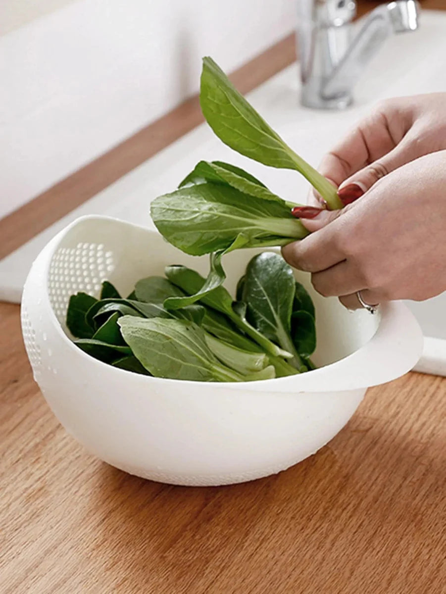 Showlu silicone rice drain basket with handle, kitchen colander for washing fruit, vegetables, and draining rice in home kitchen.