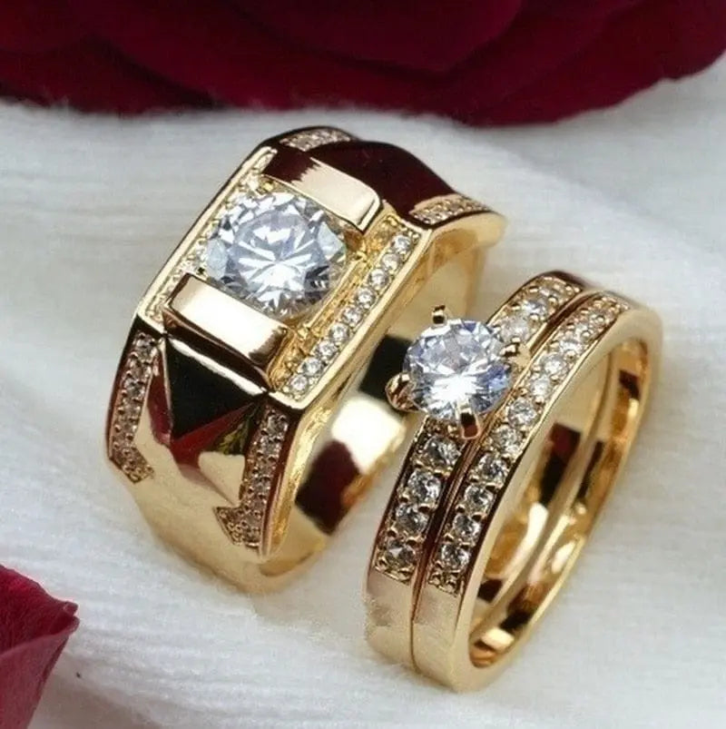 Elegant women's gold zircon inlaid wedding band with detailed metal carving, perfect for bridal or engagement jewelry.