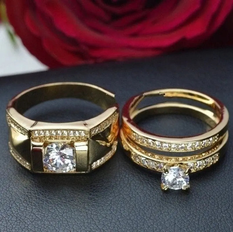 Gold zircon inlaid wedding band for women, luxury metal ring with detailed carving and sparkling stones, elegant bridal jewelry.