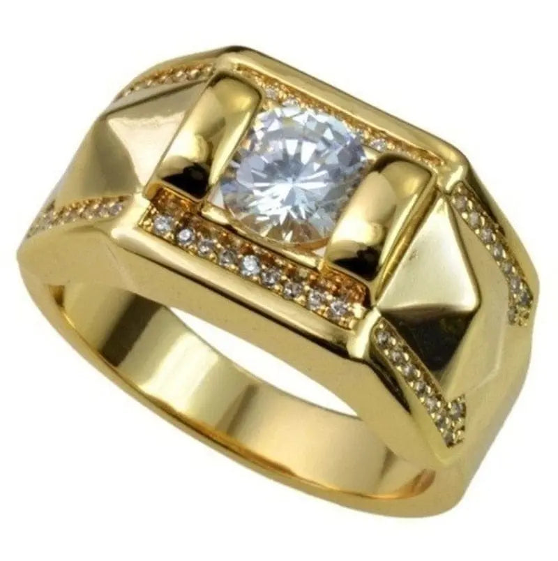 Gold zircon inlaid wedding band for women, luxury metal ring with detailed carving and sparkling stones, perfect for bridal jewelry.