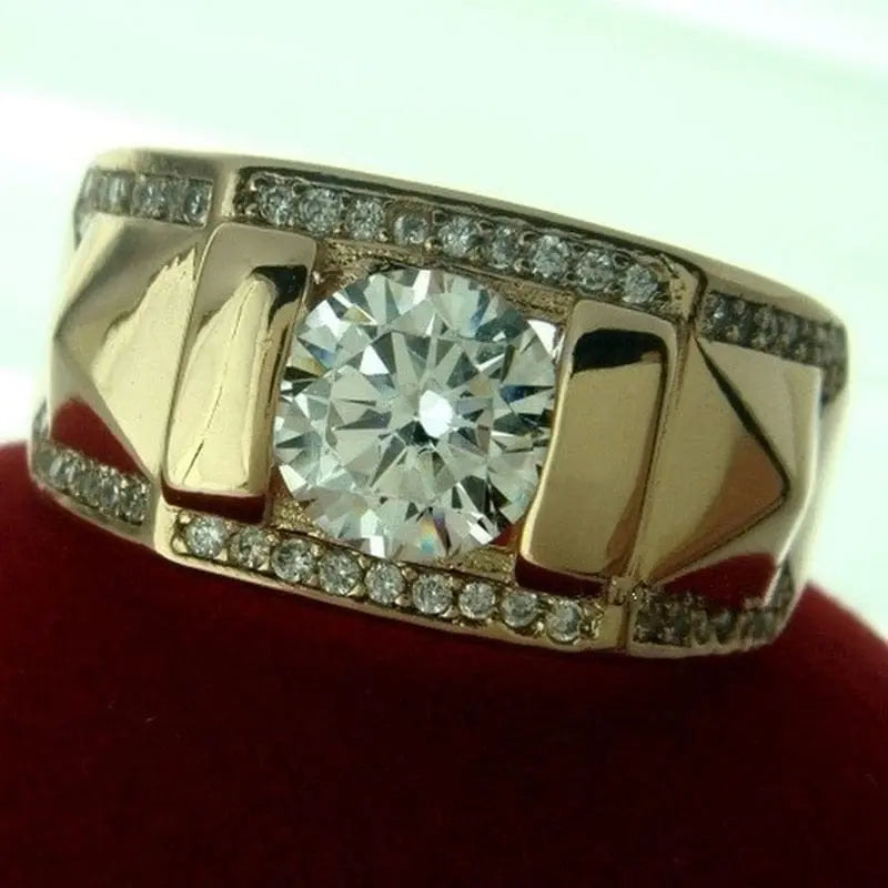 Gold zircon-inlaid wedding band for women, showcasing intricate metal carving and sparkling stones, ideal for bridal or engagement jewelry.
