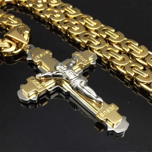 1pcs Exquisite Crucifix Jesus Cross Necklace Stainless Steel Christs Pendant Byzantine Chain Men Necklaces Jewelry Gifts 24'' - SHOWLU FASHION STORE