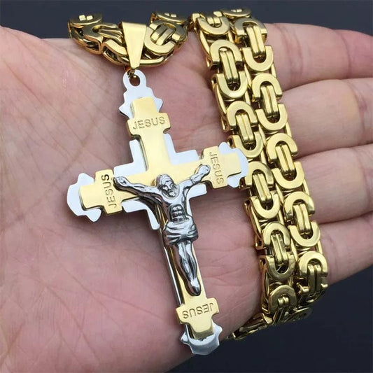 1pcs Exquisite Crucifix Jesus Cross Necklace Stainless Steel Christs Pendant Byzantine Chain Men Necklaces Jewelry Gifts 24'' - SHOWLU FASHION STORE