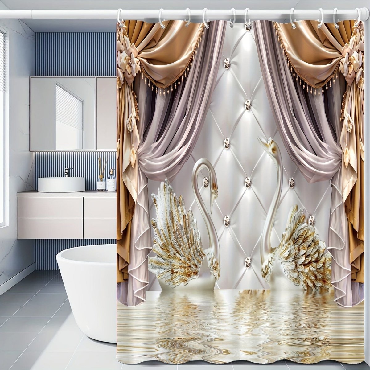 Golden floral swan shower curtain by Showlu Fashion, waterproof polyester with hooks, decorative bathroom partition for aesthetic rooms.