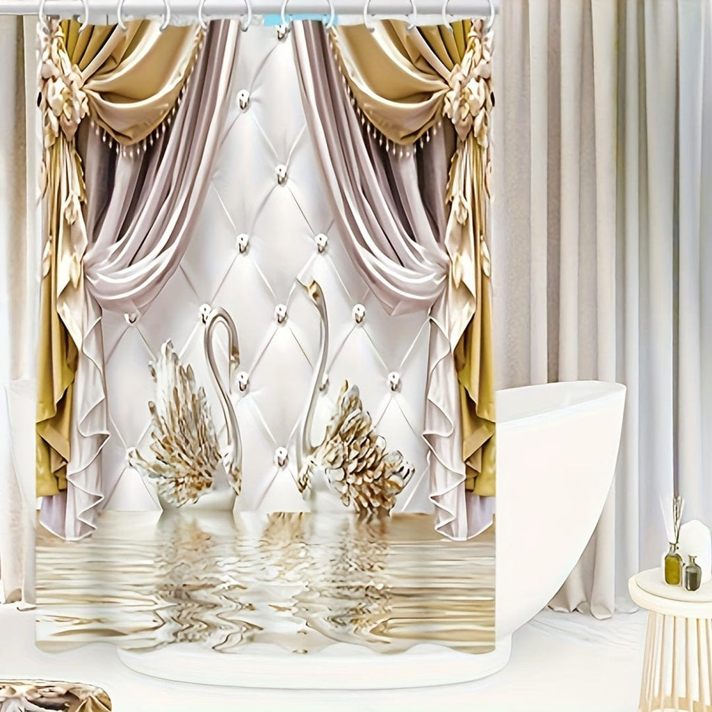 Showlu Golden Floral Swan shower curtain set with waterproof polyester fabric, featuring floral and swan print, bathroom accessories included
