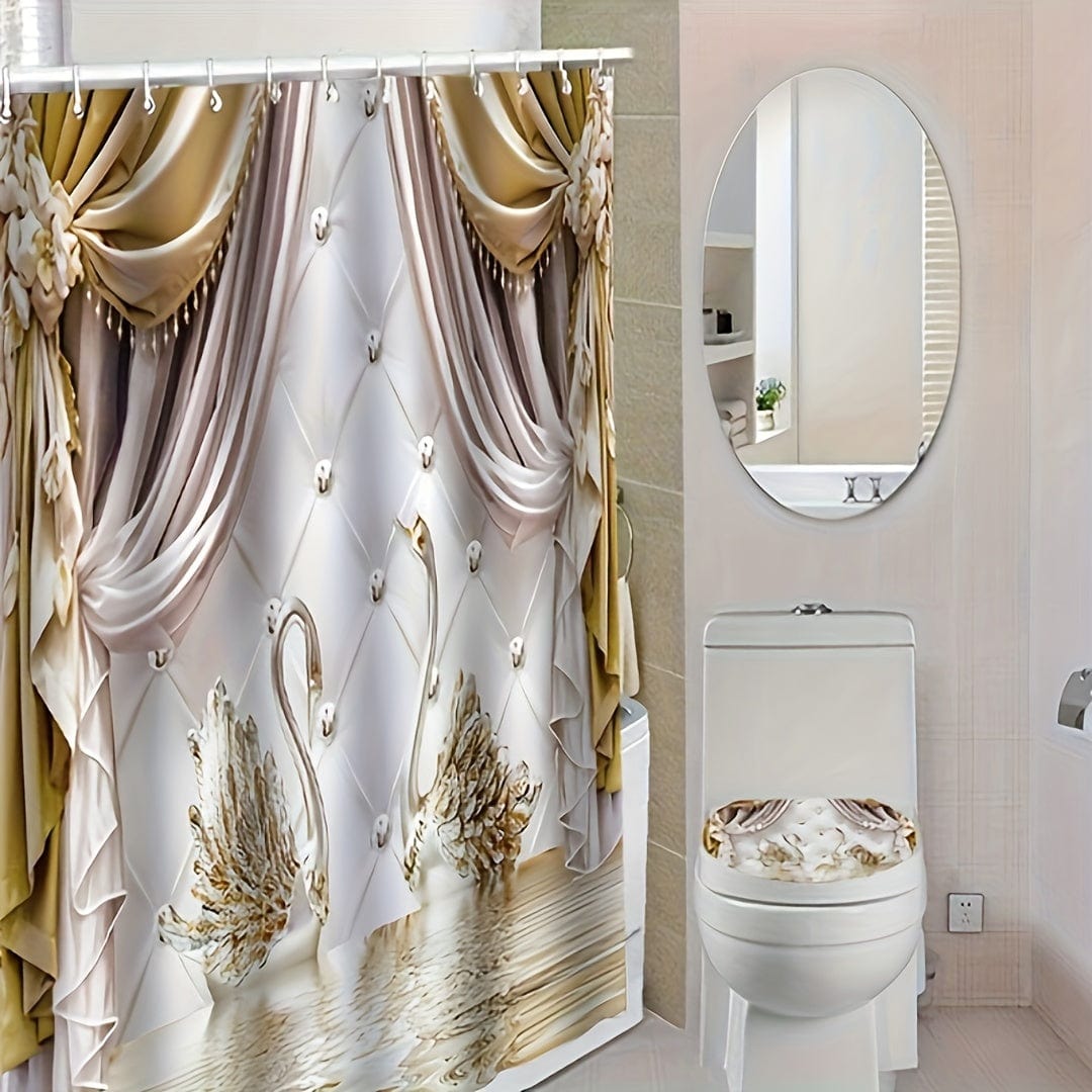 Golden floral swan shower curtain set by Showlu Fashion, waterproof polyester with hooks, decorative bathroom partition curtain.