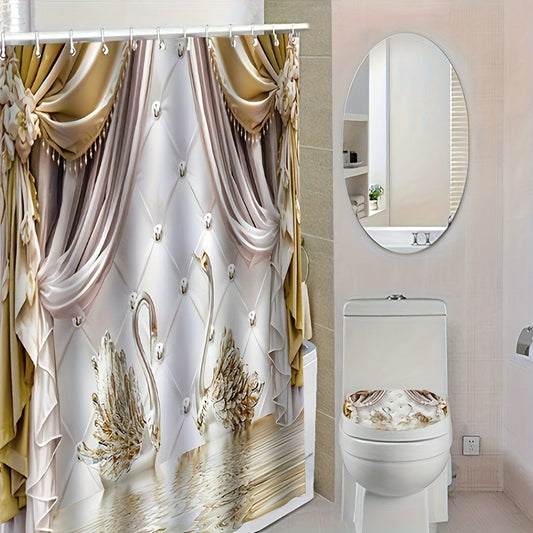 1pcs Golden Floral Swan Printed Shower Curtain Set, Waterproof Bathroom Partition Curtain With Hooks, Bathroom Accessories, Aesthetic Room Decor - SHOWLU FASHION STORE