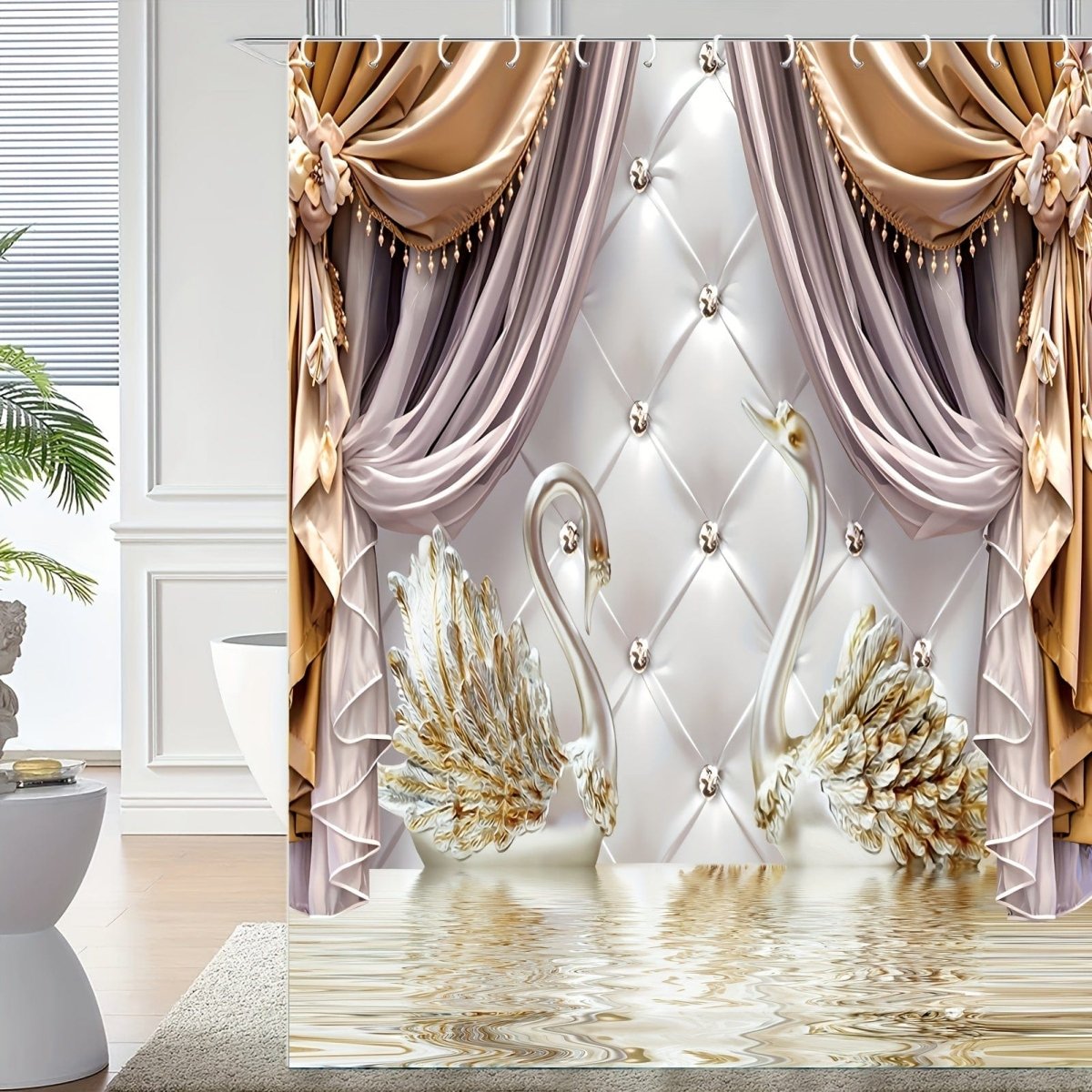 Showlu Golden Floral Swan shower curtain set with waterproof polyester fabric, featuring floral and swan print with hooks for bathroom decor.