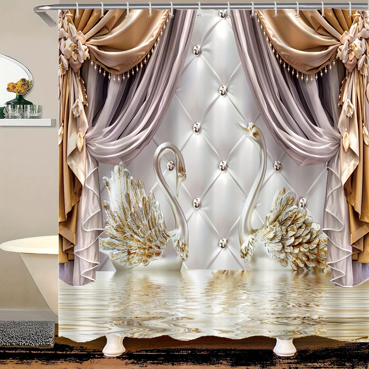 Golden floral swan printed shower curtain from Showlu Fashion Store, waterproof polyester with hooks for bathroom decor.