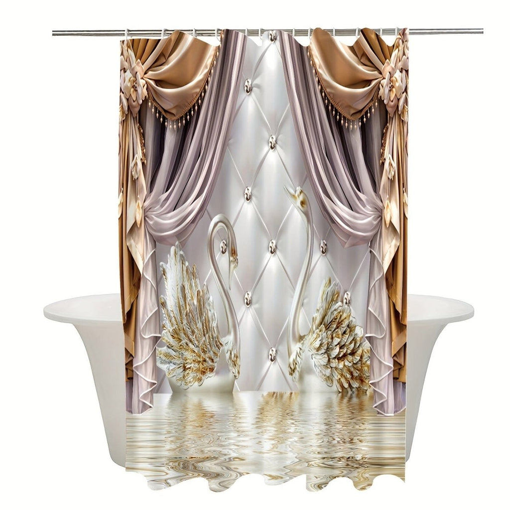 Golden floral swan shower curtain set by Showlu Fashion, waterproof polyester with hooks, ideal for bathroom decor and aesthetic rooms.