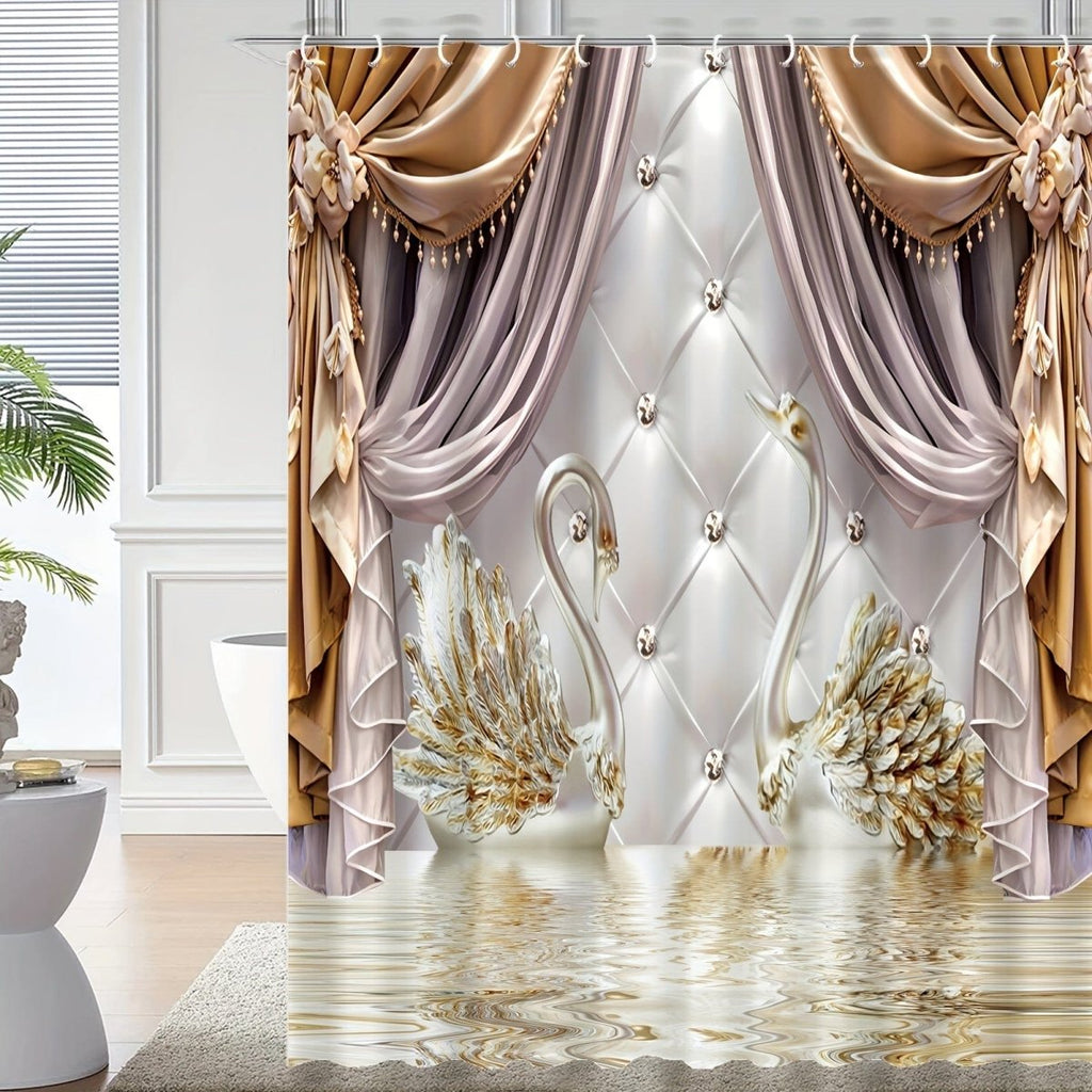 Golden floral swan shower curtain set by Showlu, waterproof polyester with hooks, featuring elegant floral and swan print for bathroom decor.