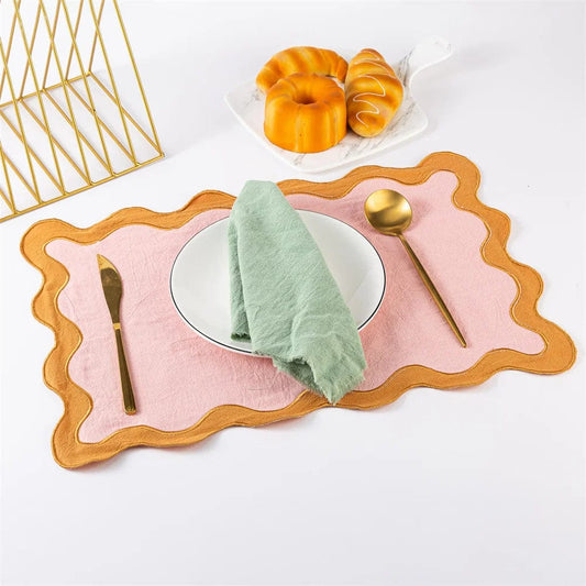 1pcs Pink Clay & Turmeric 100% cotton Scalloped Placemats Wedding Decorations Cotton placemats 50*35CM Countryside Style - SHOWLU FASHION STORE