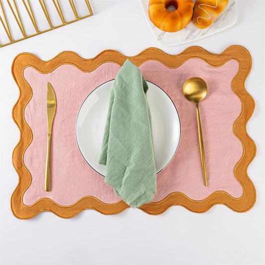 1pcs Pink Clay & Turmeric 100% cotton Scalloped Placemats Wedding Decorations Cotton placemats 50*35CM Countryside Style - SHOWLU FASHION STORE