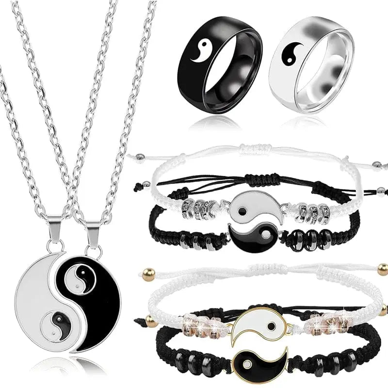 Showlu Tai Chi Yin Yang couple bracelet and necklace set with adjustable braided chains and matching pendants.