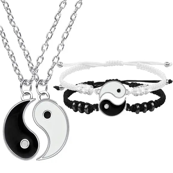 Showlu Tai Chi Yin Yang couple bracelet and necklace set with adjustable braid chains and matching pendants.