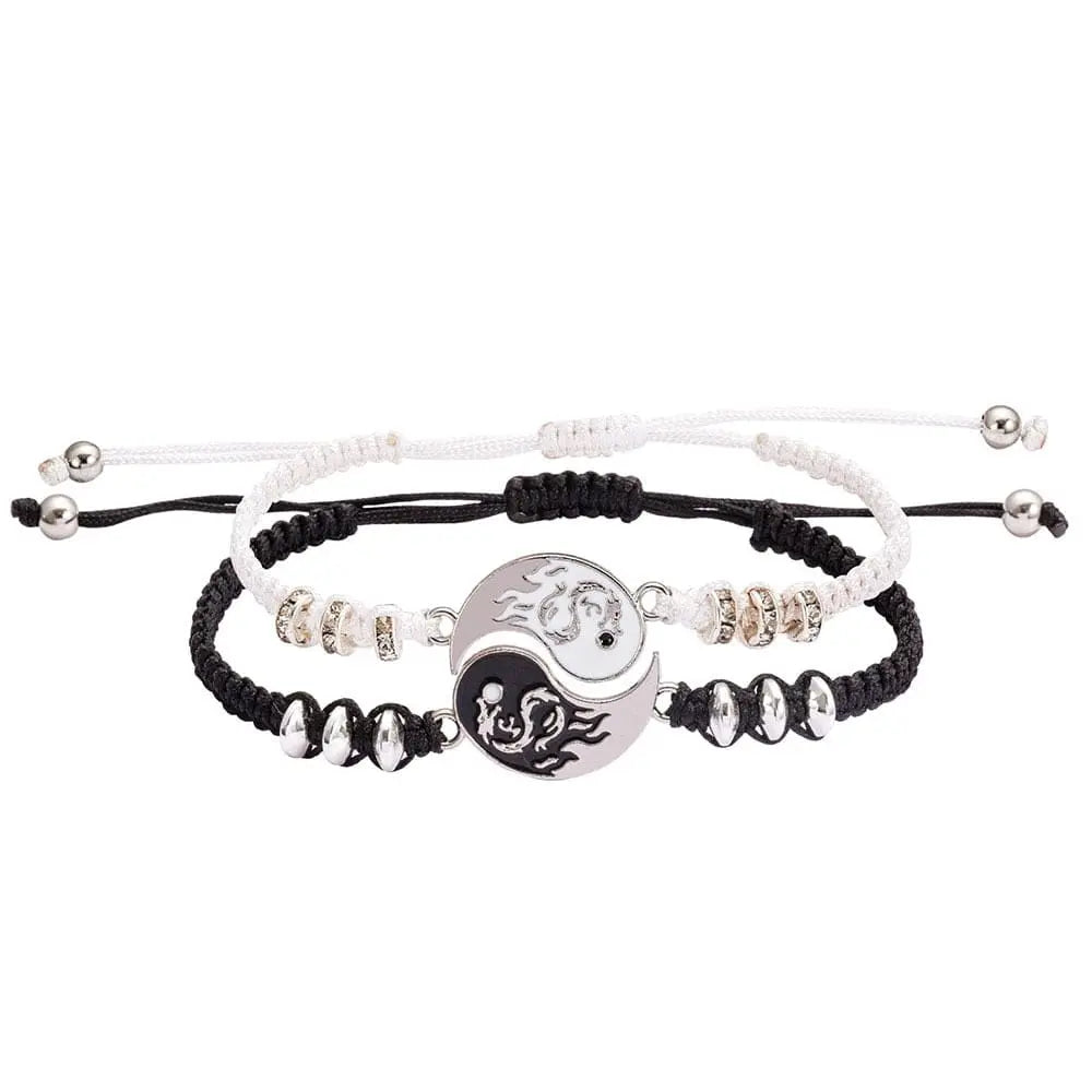 Showlu Tai Chi Yin Yang couple bracelet and necklace set with adjustable braided chains, matching lover jewelry for couples.