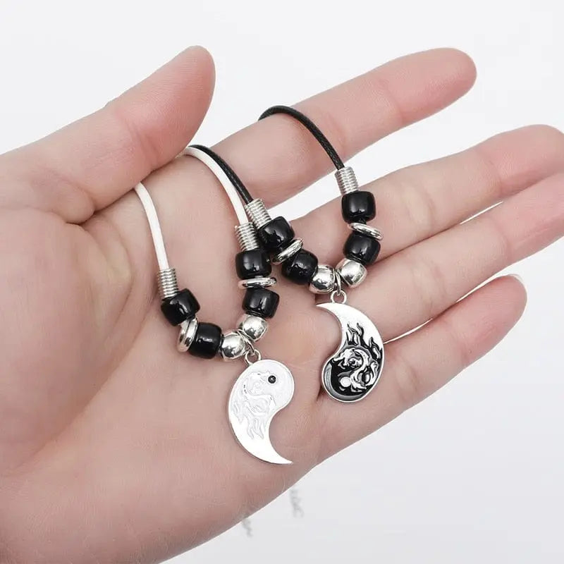 Showlu Tai Chi Yin Yang couple bracelet and necklace set with adjustable braid chains, matching pendants for lovers.