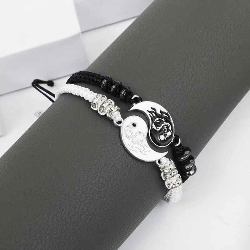 Showlu Tai Chi Yin Yang couple bracelet and necklace set with adjustable braided chains, matching lover accessories.