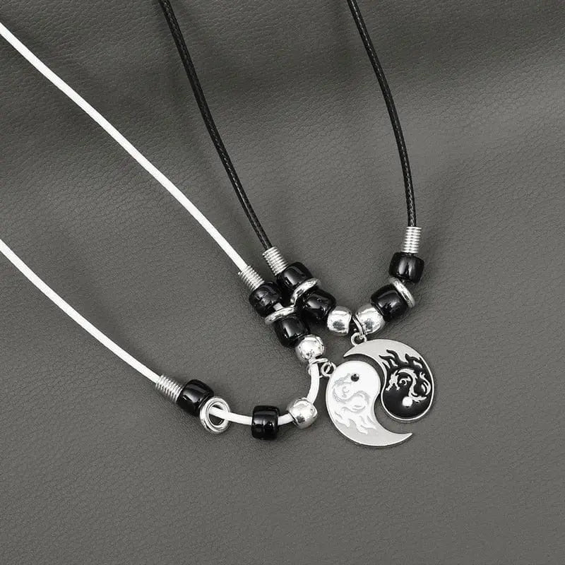 Showlu Tai Chi Yin Yang couple bracelet and necklace set with adjustable braided chains and matching pendants, symbolizing balance.