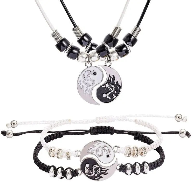 Showlu Tai Chi Yin Yang couple bracelet and necklace set with adjustable braided chains and matching pendants for lovers.